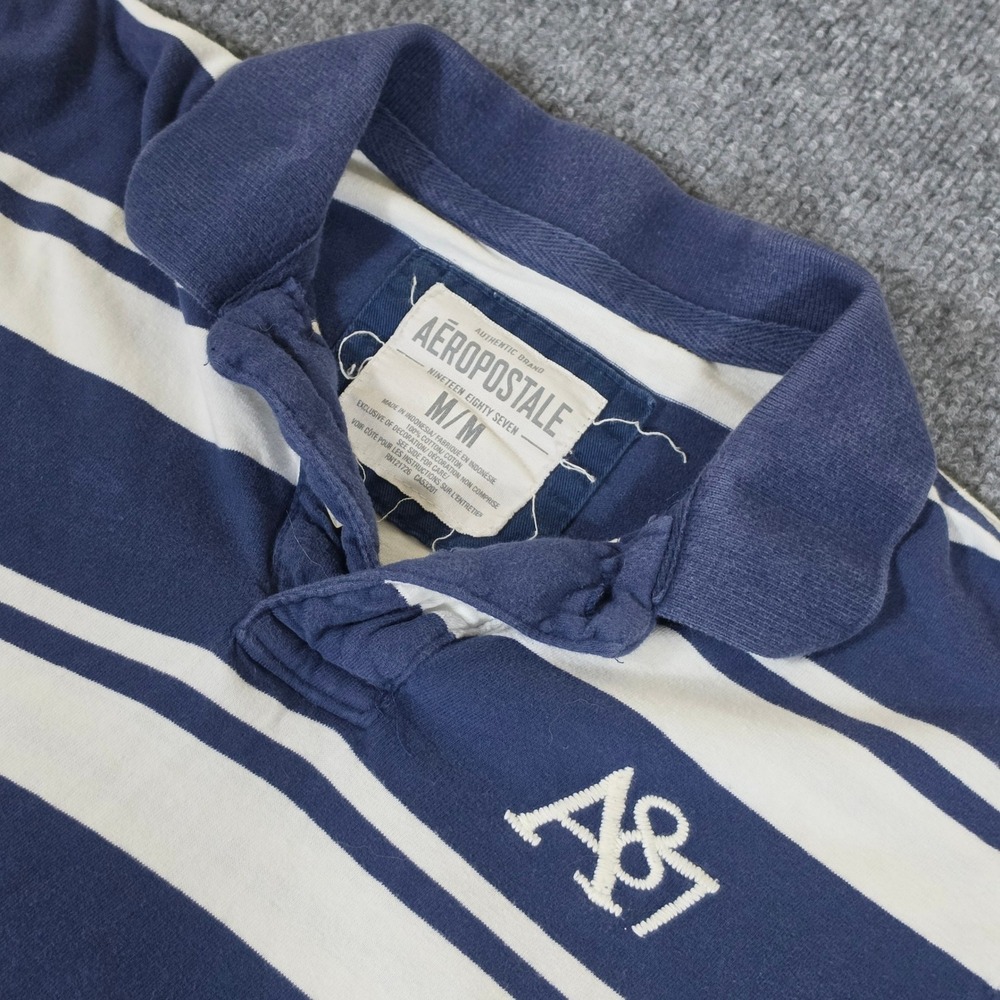 Aeropostale Mens Striped Polo Shirt Navy Blue White Size M Short Sleeve Cotton